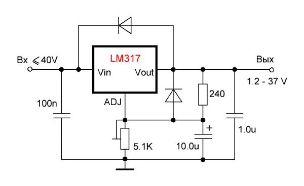 Схема стабилизатора LM317 с дополнительным конденсатором и защитными диодами