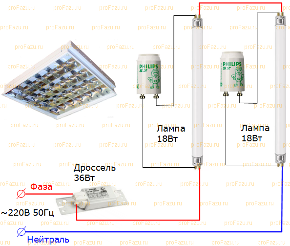 Схема подключения лампы дневного света с дросселем и стартером 2 лампы
